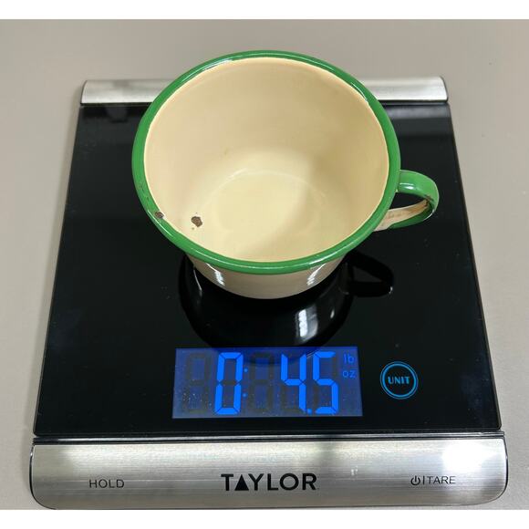 50s Enamelware Coffee Mugs Set of 4 Cream n Green Farmhouse or Cabincore Decor - Picture 7 of 7